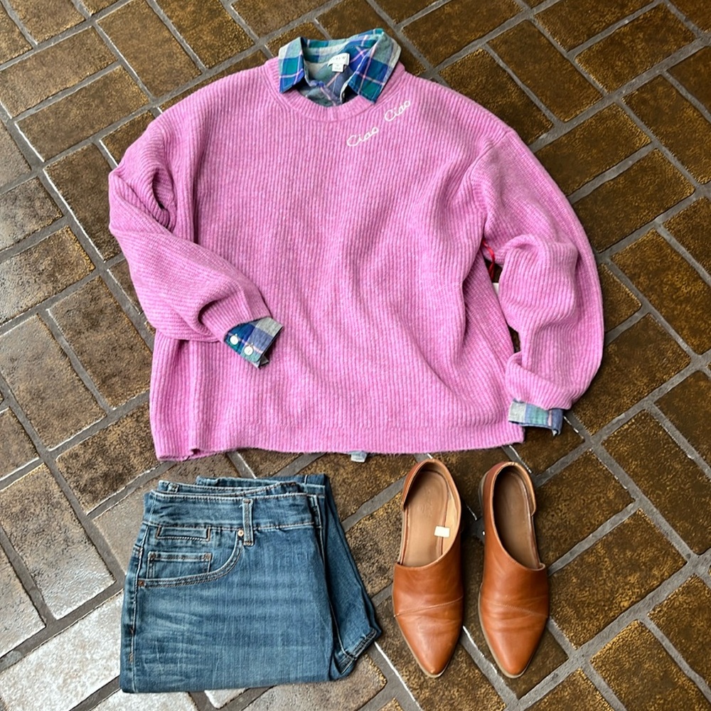 NWT A New Day Purple Embroiderd Ciao Ciao Long Sleeve Crewneck Sweater - Picture 2 of 16